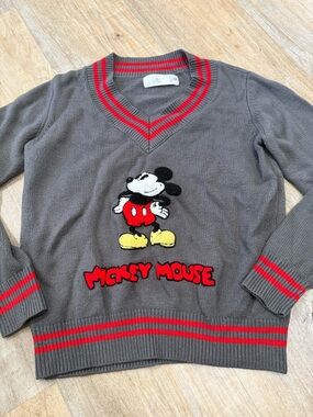 Disney Gray V-Neck Sweater with Red Stripe Trim